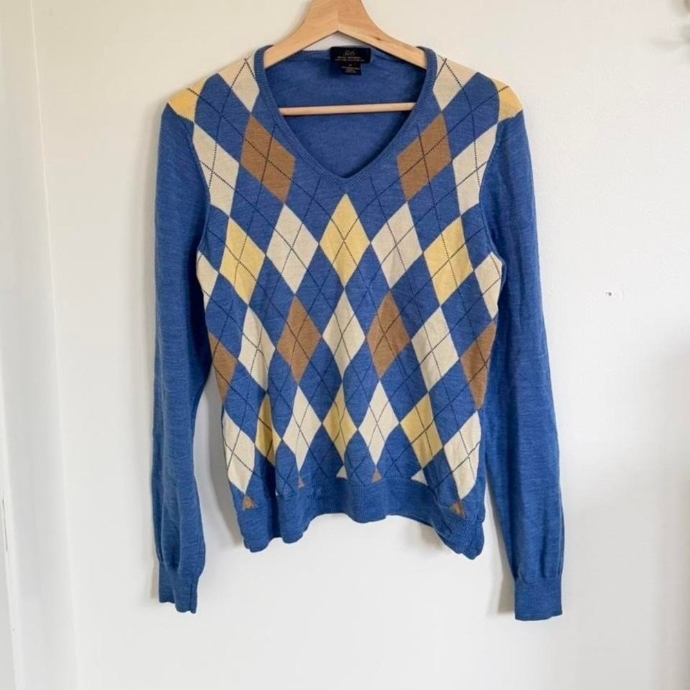 Brooks Brothers 346‎ Merino Wool Argyle V-Neck Sweater Blue Size M